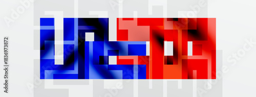 Abstract digital art. Red, blue blocks form fragmented text. White background provides contrast. Modern aesthetic. Minimalist design.