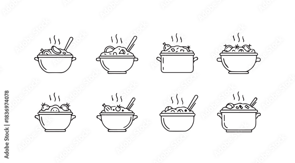 Fototapeta premium Set of hand drawn food bowls with steam evoking warmth and deliciousness culinary art collection vector