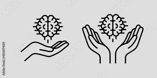 Human hands holding and supporting a stylized brain icon