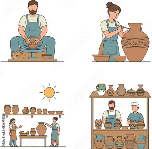A collection of scenes depicting the pottery making process, from shaping clay on a wheel to painting, drying, and selling finished ceramic art.