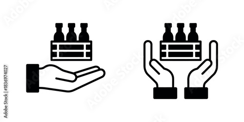 Hands holding and receiving a crate of bottles icon set