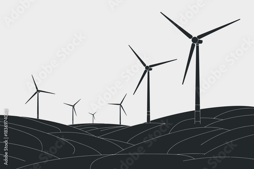 Silhouette of wind turbines on rolling hills against a bright sky