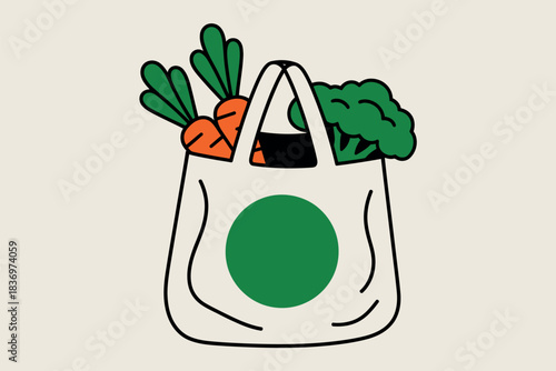 Illustration of a reusable tote bag filled with fresh organic vegetables