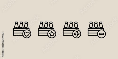 Set of four line art icons representing beer bottles in a crate with different symbols