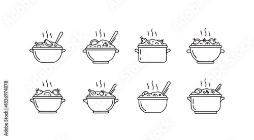 Set of hand drawn food bowls with steam evoking warmth and deliciousness culinary art collection vector