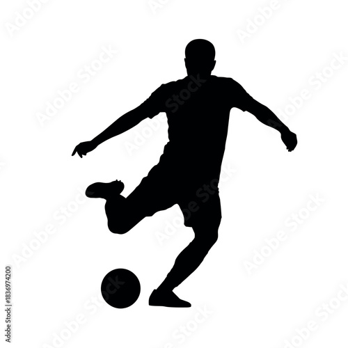 Silhouette of a soccer player kicking a ball on a white background