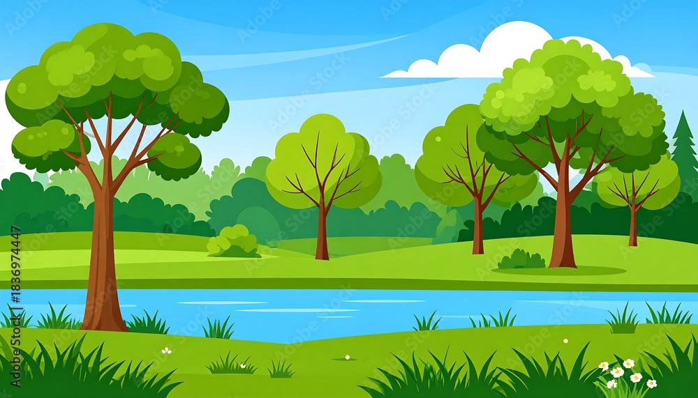 Obraz premium A cheerful cartoon landscape with trees, grassy fields, and a serene blue river under a sunny sky with fluffy clouds