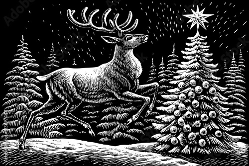 reindeer jumps joyfully around a beautifully decorated Christmas tree in a snowy landscape, adding excitement to the holiday spirit