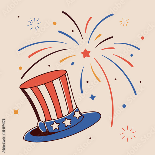 USA Top Hat with Fireworks Illustration