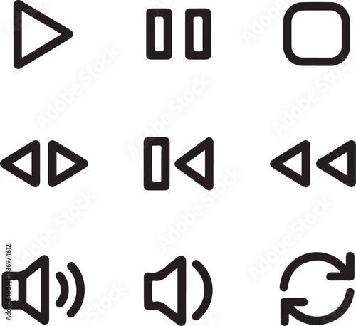 Media Player Interface Outline Icon Set – Play, Pause, Stop, Rewind, Fast Forward, Volume Up, Volume Down, and Repeat Vector