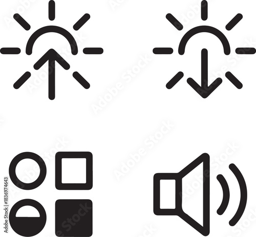 Digital UI Outline Icon Set – Brightness, Layout, and Volume Control Vector