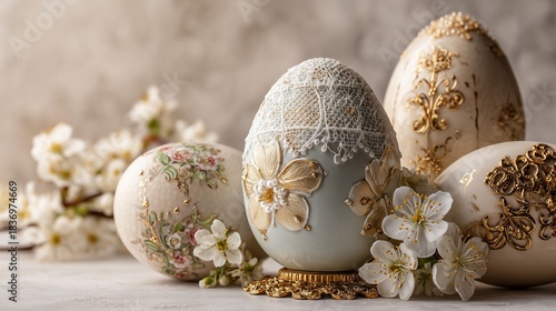 Elegant hand-painted Easter eggs with gold details and floral luxurious lace decorations