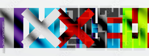 Abstract graphic design features colorful blocks forming letter shapes. Bold colors, geometric patterns, modern aesthetic.