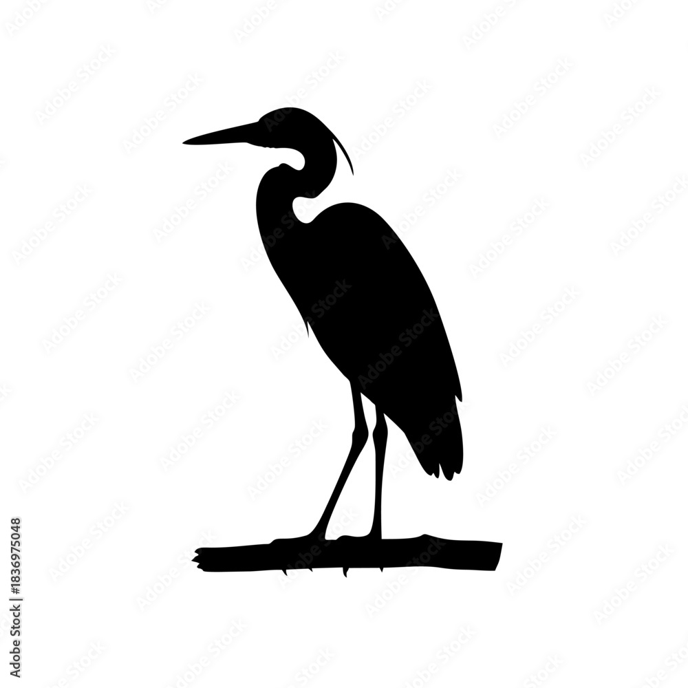 Fototapeta premium Heron Standing on a Branch Silhouette Logo, Bold Black Fill, Vector Illustration