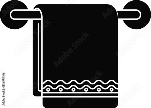 Black Vector Silhouette Icon of a Folded Towel Hanging on a Wall-Mounted Towel Rail with Decorative Pattern, Ideal for Bathroom, Hygiene, and Laundry Concepts.