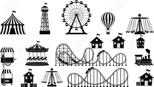 Comprehensive Black and White Vector Collection of Amusement Park Icons, Featuring a Ferris Wheel, Roller Coaster, Carnival Rides, and Food Carts, Perfect for Fun and Entertainment Themes.