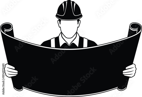 Construction Engineer in Hard Hat Holding Blueprint Scroll Vector Silhouette Representing Architecture, Planning, and Technical Expertise