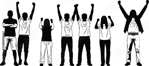 Diverse Group of Young People Raising Fists and Arms Vector Silhouette Symbolizing Success, Protest, Power, and Team Spirit
