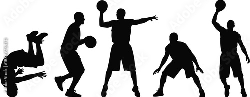 Dynamic Set of Basketball Player Silhouettes in Various Action Poses, Including Shooting, Dribbling, and Tumbling, Capturing the Agility, Energy, and Intensity of Court Sports.