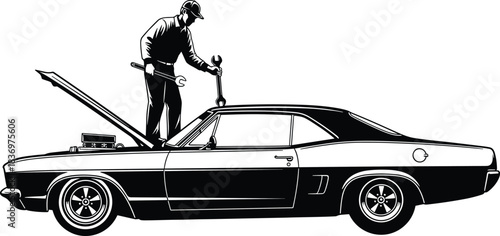 Mechanic Working on a Classic Muscle Car with Open Hood and Wrench Vector Illustration for Auto Repair and Restoration Service