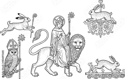 Medieval Allegory Saint Bishop Riding Regal Lion with Mystical Owl and Running Hares, Inspired by Gothic and Romanesque Engraving Style