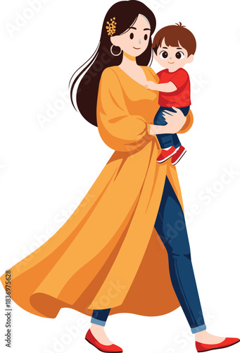 Mother Holding Son Illustration Vector Happy Woman Walking with Child, Family Love, and Modern Parenting Lifestyle Graphic