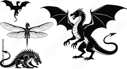 Mythical European and Hydra Dragon Set Vector Engraving Illustrations Fantasy Creatures, Medieval Beasts, and Ancient Legends Black and White Graphics