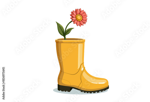Whimsical Illustration of a Vibrant Pink Flower Growing from a Yellow Rain Boot on a White Background Symbolizing Growth and Creative Upcycling