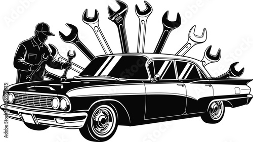 Retro Automobile Repair Garage Vector with Mechanic and Vintage Car, Surrounded by Spanners, Symbolizing Service and Maintenance