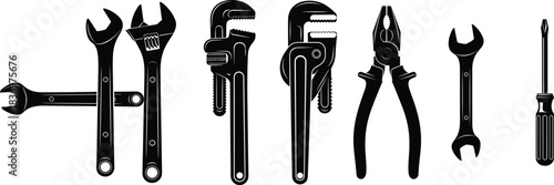 Plumbing, Mechanic, and Workshop Hand Tool Silhouette Vector Set Wrenches, Pliers, Screwdriver, Pipe Wrench, and Adjustable Spanner Maintenance Graphic Collection