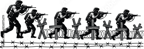 Powerful Black and White Vector Illustration of Armed Soldiers Advancing Through Barbed Wire and Wooden Defenses, Capturing the Intensity of Combat, War, and Military Operations.