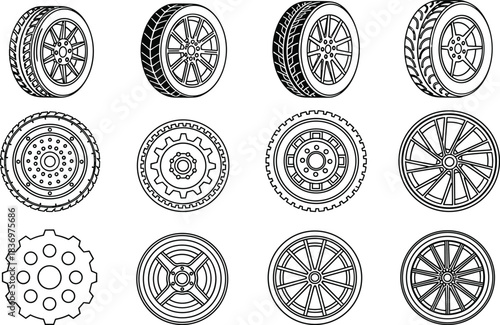 Outline Vector Set of Car Wheels and Tires Showing Various Rims, Tread Patterns, and Gear Icons, Excellent for Automotive, Transportation, and Mechanic Design Projects.