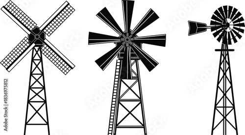 Set of Three Black and White Vector Windmill Silhouettes, Featuring Different Styles of Wind Pump and Turbine Designs, Ideal for Energy, Agriculture, and Farming Concepts.