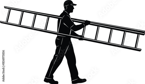 Side View Silhouette of a Worker Carrying a Long Ladder Vector Illustration Representing Construction, Maintenance, and Professional Service