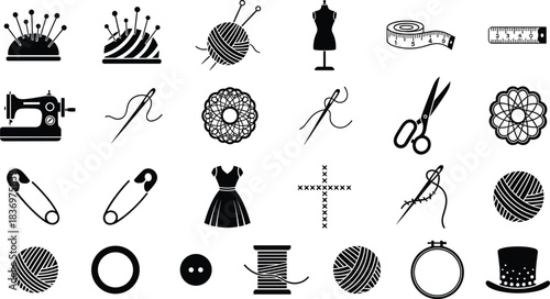 Sewing and Needlework Craft Icon Set Needle, Thread, Scissors, Dress, Safety Pins, Mannequin, Yarn, Machine, and Tailor Black Silhouette Vector Collection