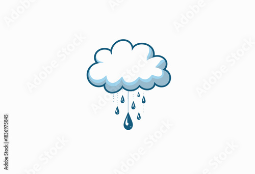 Illustration of a Simple Cartoon Cloud with Falling Raindrops on a White Background Depicting Weather and Precipitation in a Minimalist Style