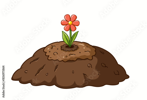 Illustration of a Single Red Flower Growing from a Small Hill of Soil Representing Growth and Nature