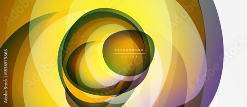 Abstract design features layered circles, vibrant colors. Yellows, oranges, greens create dynamic visual effect. Modern background element.