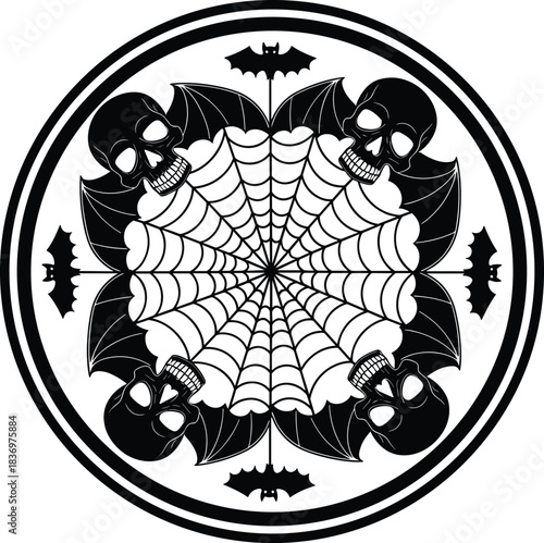 Spooky Gothic Mandala Design with Black Skulls, Spiderweb, and Bats in a Circular Frame, Ideal for Halloween and Dark Occult Themes