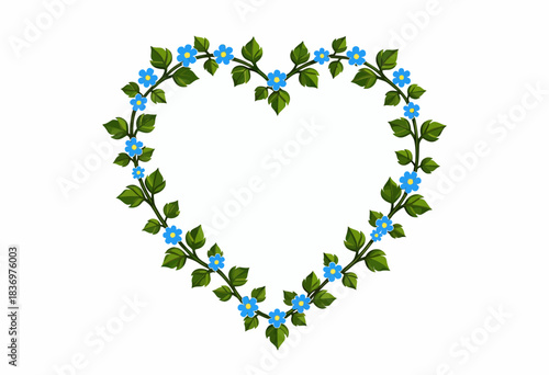 Heart-shaped floral wreath featuring delicate blue flowers and lush green leaves on a clean white background, representing love, nature, and simplicity