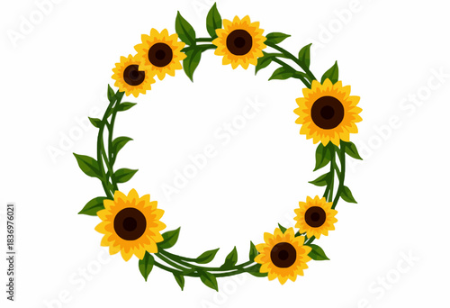 Illustration of a Sunflower Wreath Composed of Vibrant Yellow Blooms and Verdant Green Leaves Encircling a Central White Space on a Simple White Background.