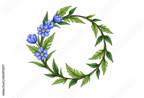 Elegant circular floral wreath featuring vibrant blue flowers and lush green leaves on a pristine white background, perfect for invitations or decorative designs.