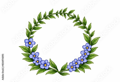 Vibrant illustration of a circular green leaf wreath adorned with delicate blue flowers on a clean white background, symbolizing harmony and nature's simplicity