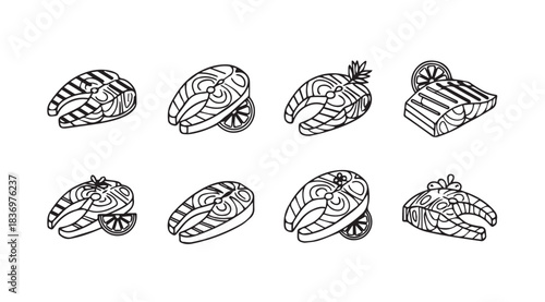 Hand drawn collection of delicious grilled steak and fish fillets artfully arranged vector