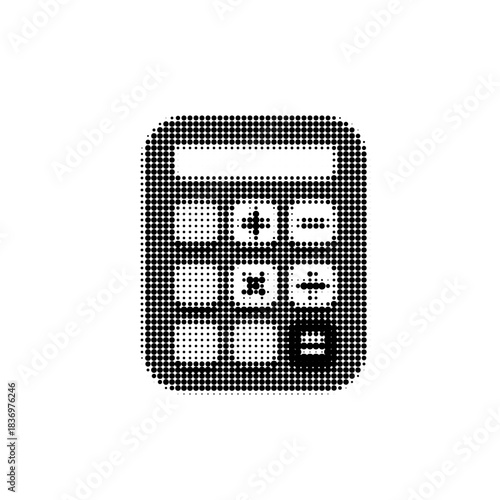 Halftone calculator icon with numeric keypad and math symbols in black and white, isolated on white background.