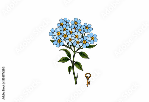 Intricate Botanical Illustration of Blue Forget-Me-Not Flowers with Golden Key Symbolizing Memory and Mystery in Nature-Inspired Design