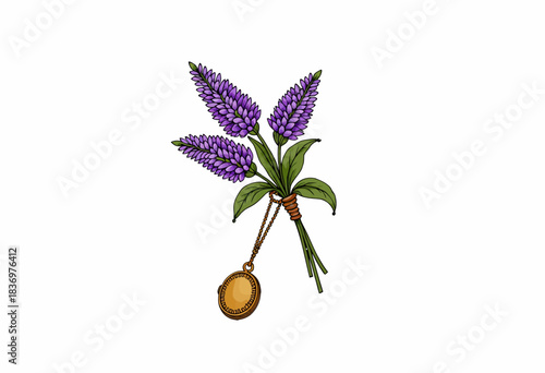 Beautiful Illustration of Purple Lavender Flowers with Vintage Pocket Watch Pendant on White Background