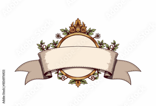 Elegant Vintage Style Circular Frame with Decorative Florals and Blank Ribbon for Customizable Text or Emblem Design