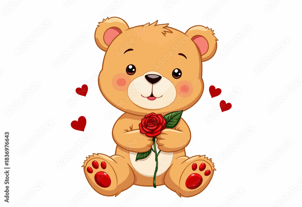Naklejka premium Adorable cartoon teddy bear holding a red rose with a loving smile surrounded by small red hearts on a plain white background
