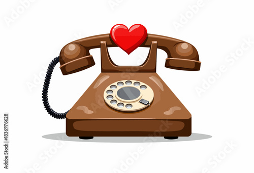 Illustration of a Vintage Brown Rotary Dial Telephone with a Heart Symbol Representing Connection and Love on a White Background